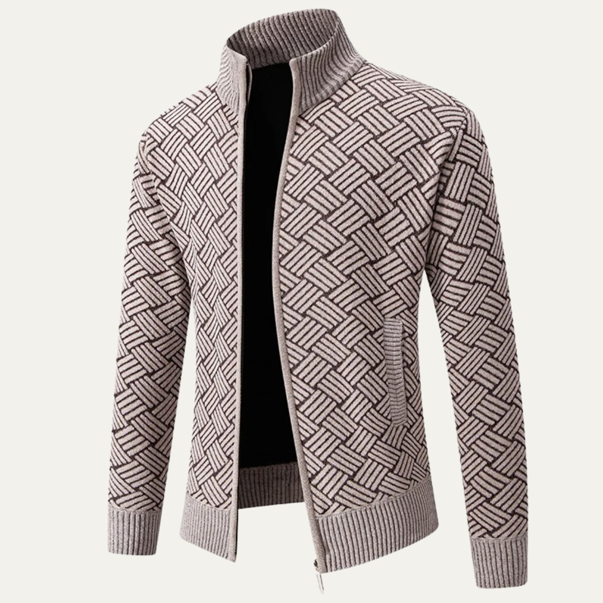 Classic Mens Knit Patterned Stand Collar Jacket