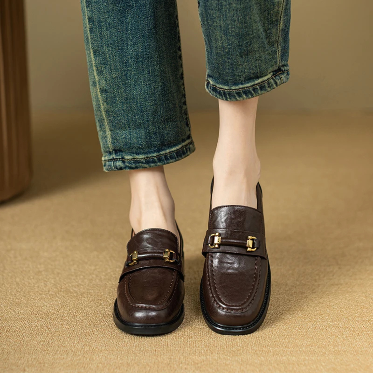 Men's Genuine Leather Slip On Loafers with Silver Buckle