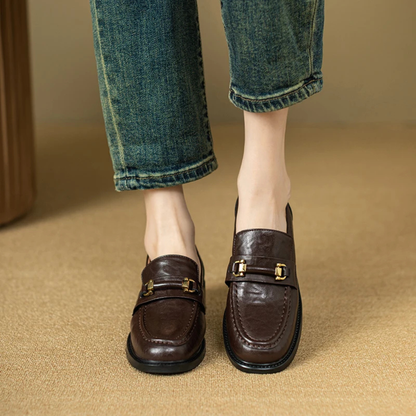 Men's Genuine Leather Slip On Loafers with Silver Buckle