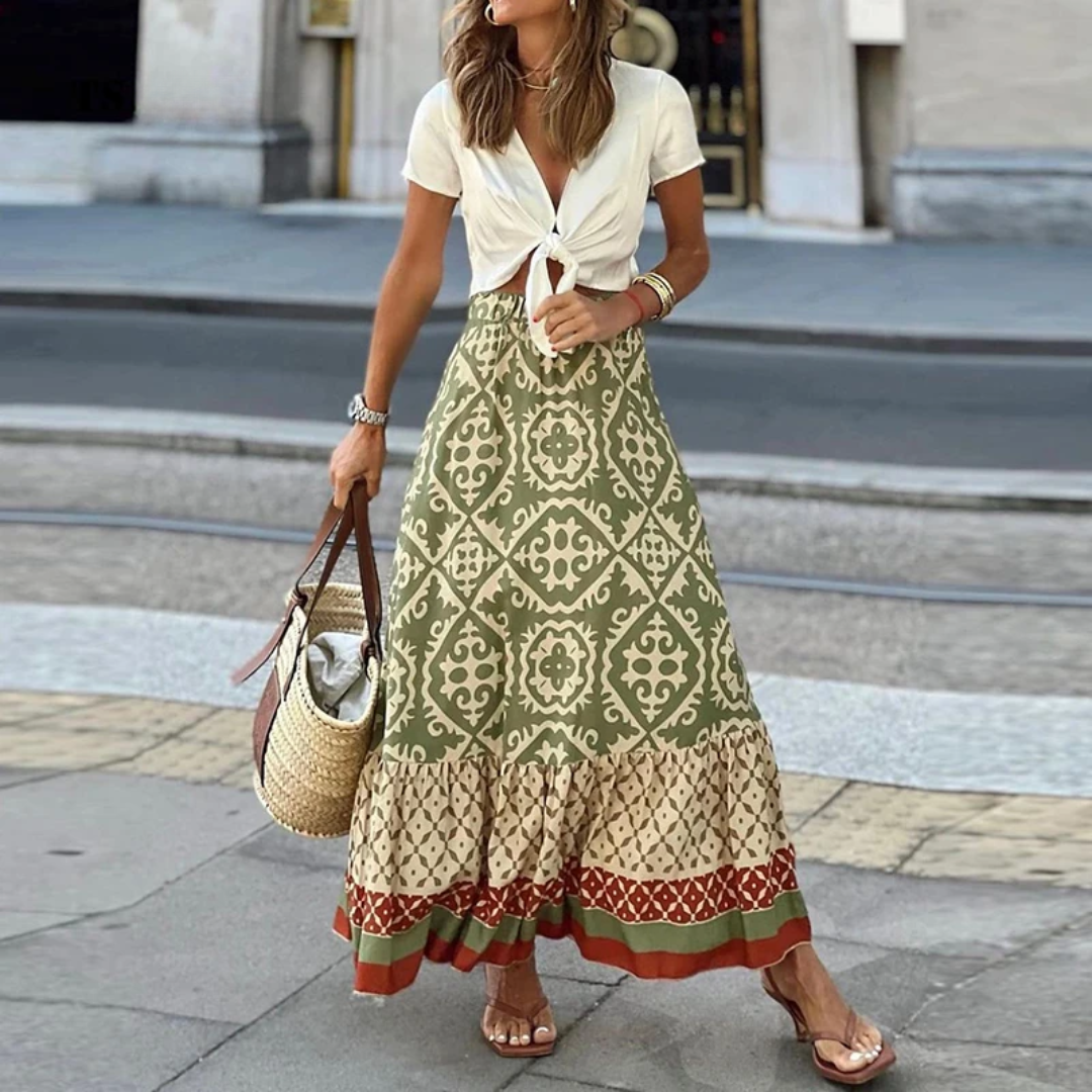 Flowy Long Skirt with Geometric Print and Tiered Hem - Nocini