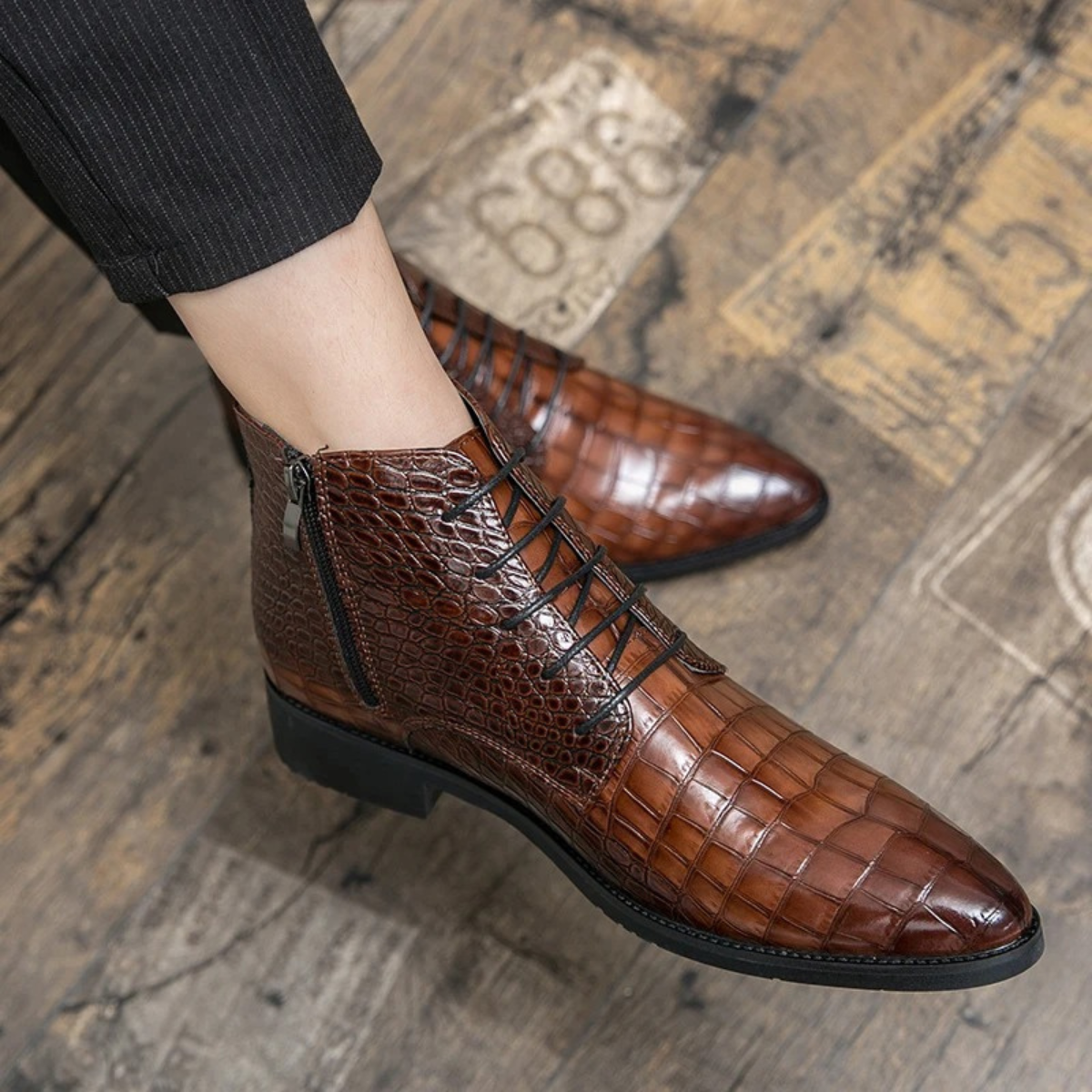 Men's Brown Leather Alligator Print Ankle Boots
