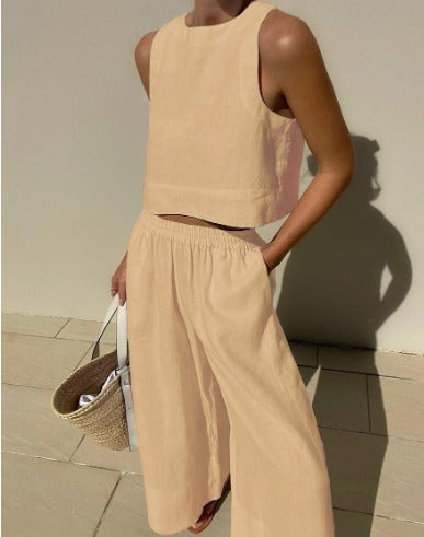 Elegant Ladies Linen Crop Top and Pants Set