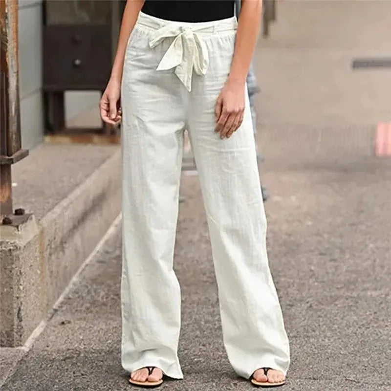 Relaxed Fit High Waisted Cotton Trousers with Belt - Nocini