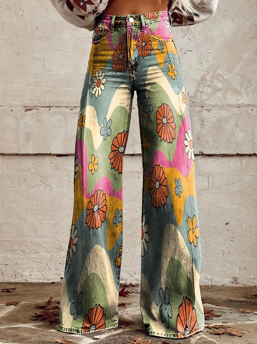 Classic Ladies Retro Floral Bell Bottom Jeans
