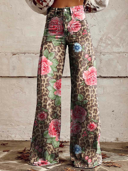 Classic Ladies Retro Floral Bell Bottom Jeans