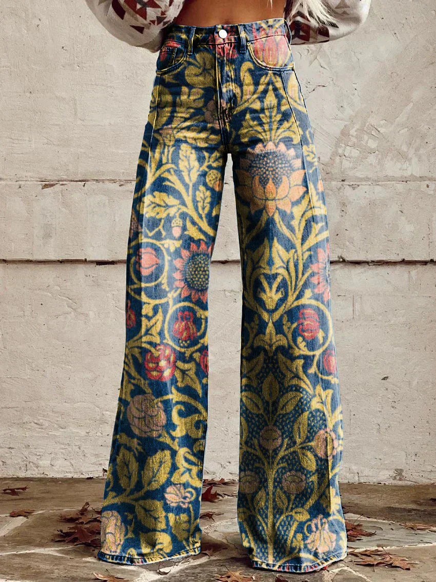 Classic Ladies Retro Floral Bell Bottom Jeans