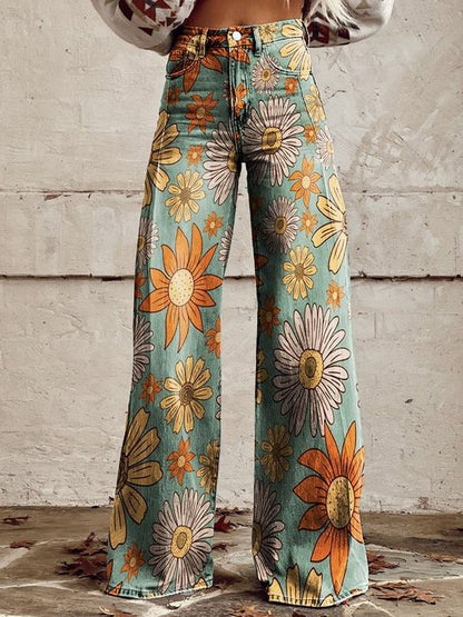 Classic Ladies Retro Floral Bell Bottom Jeans