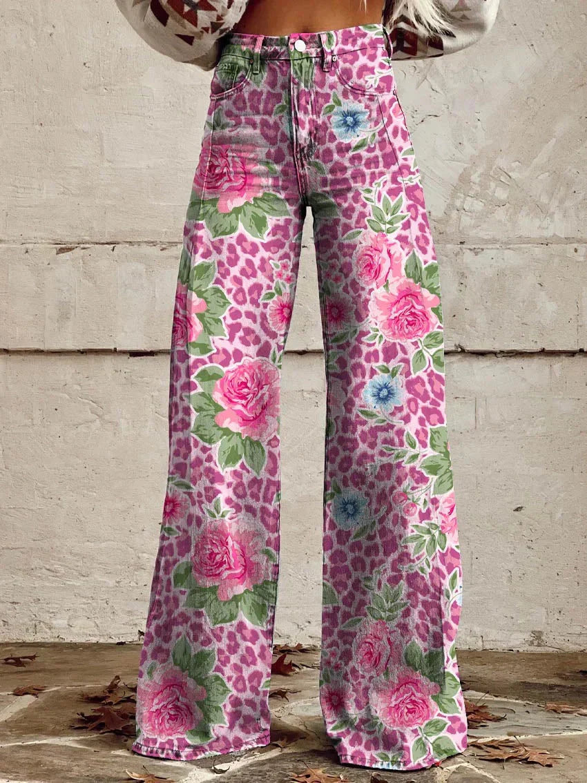 Classic Ladies Retro Floral Bell Bottom Jeans