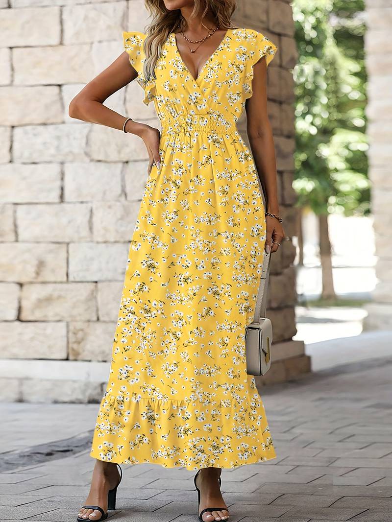 Long V Neck Summer Dress with Ruffle Sleeves - Nocini