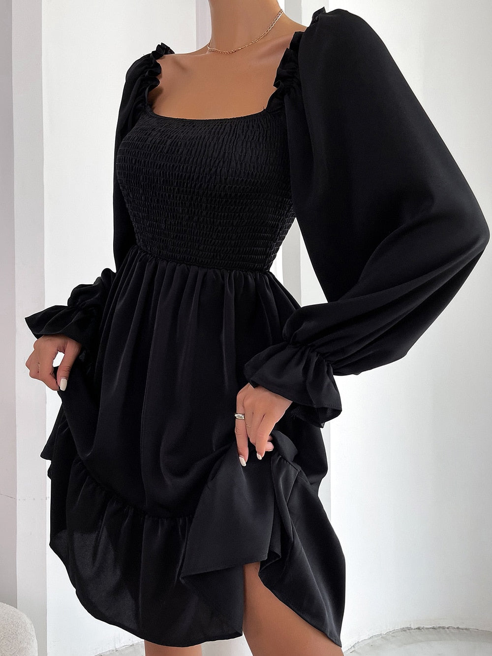 Feminine A-Line Dress with Puff Sleeves