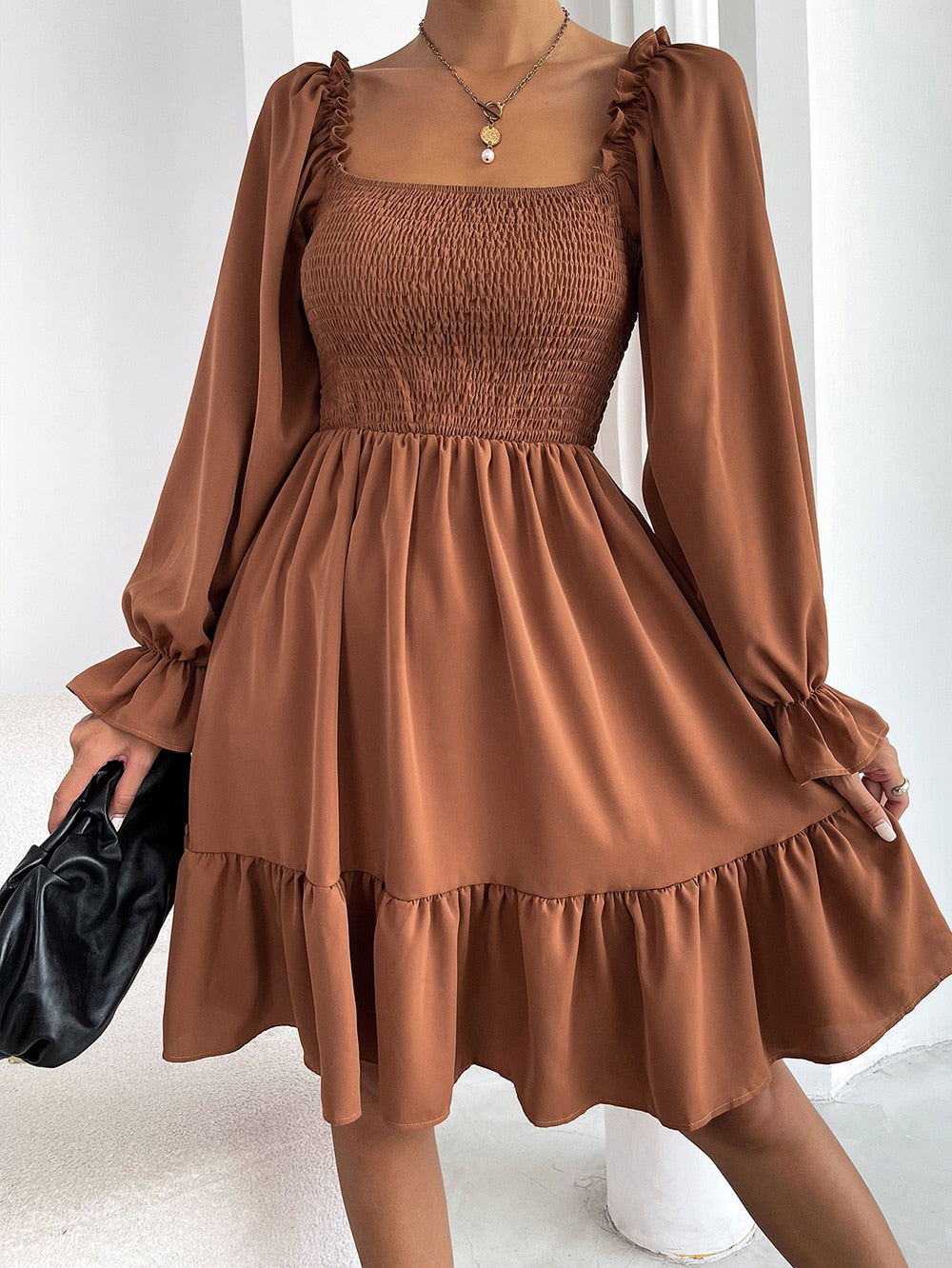 Feminine A-Line Dress with Puff Sleeves