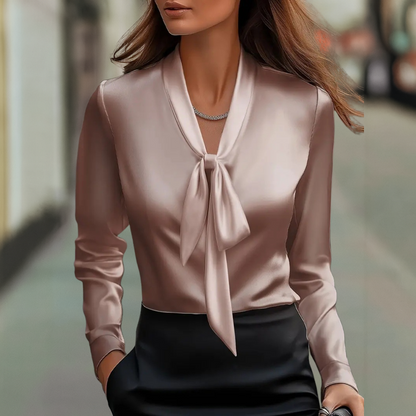 Classic Fit Blouse with Feminine Bow Neck and Ruffled Sleeves
