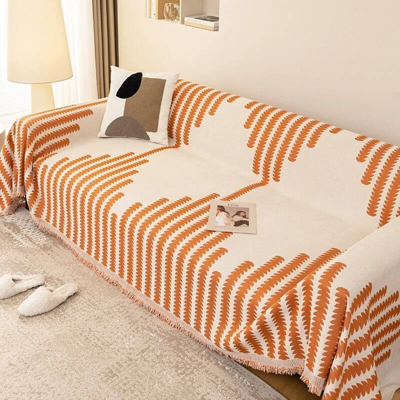 Chenille Couch Cover With Geometric Pattern and Fringed Edges