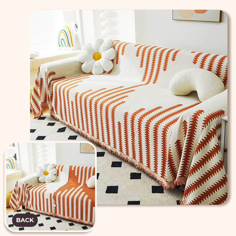 Chenille Couch Cover With Geometric Pattern and Fringed Edges