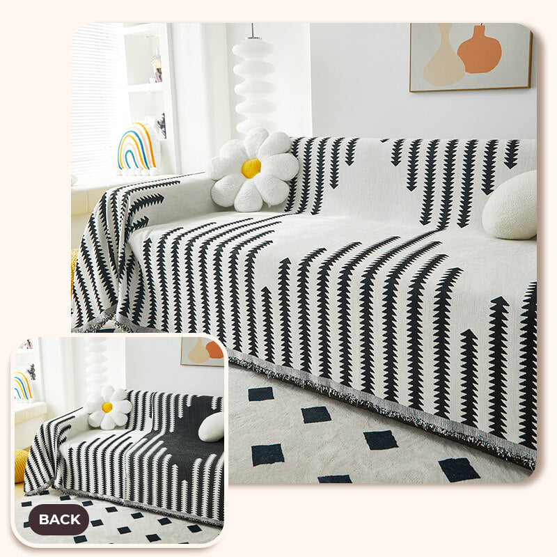Chenille Couch Cover With Geometric Pattern and Fringed Edges