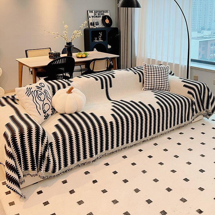 Chenille Couch Cover With Geometric Pattern and Fringed Edges