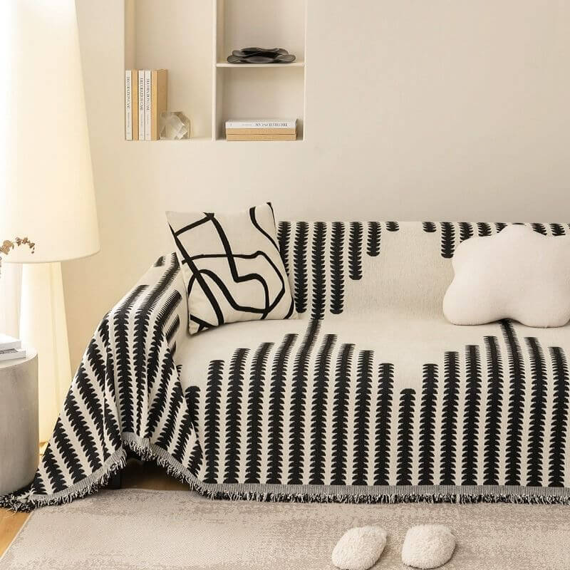 Chenille Couch Cover With Geometric Pattern and Fringed Edges