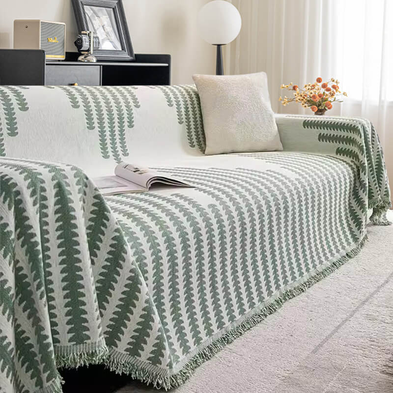 Chenille Couch Cover With Geometric Pattern and Fringed Edges