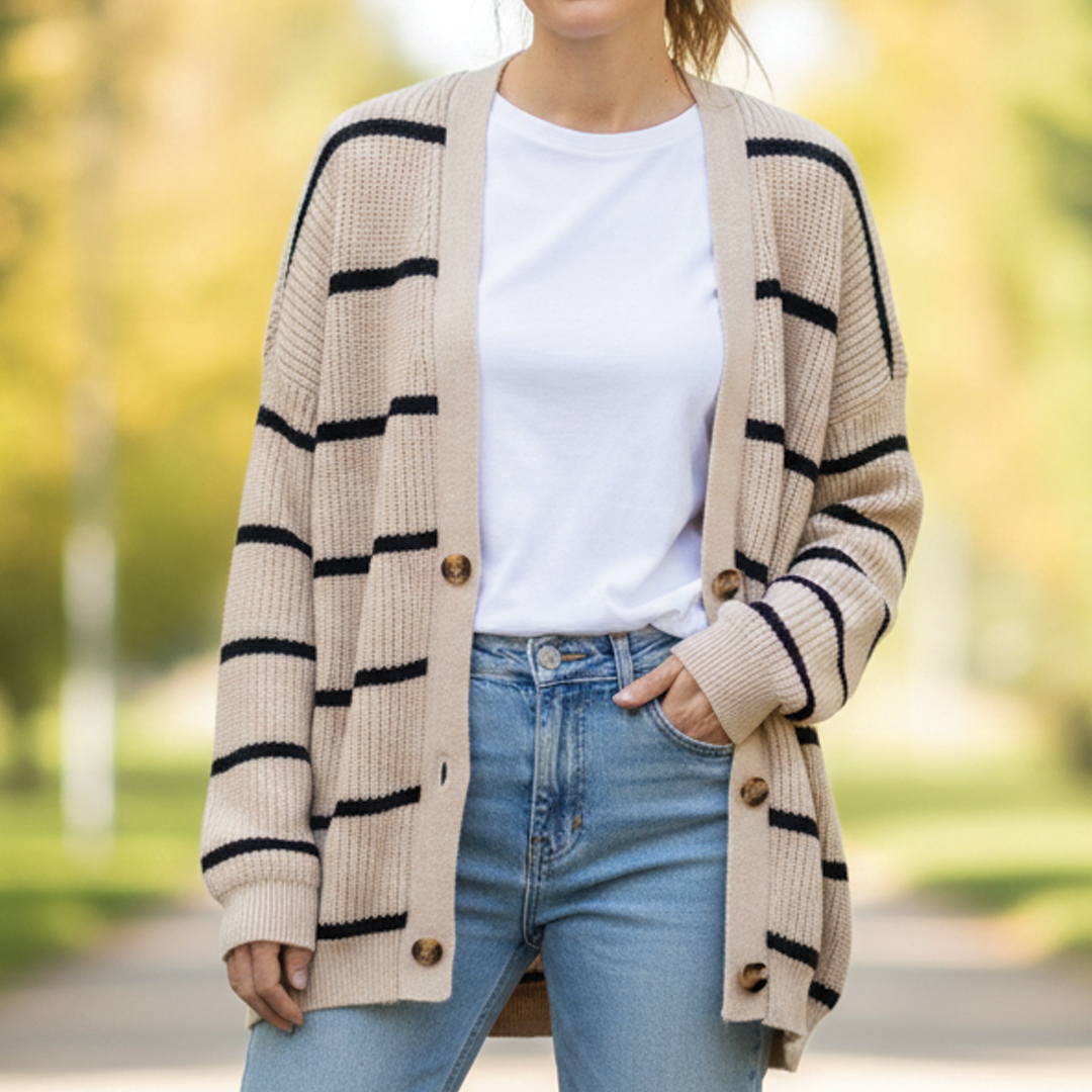 Soft Striped Knitted Open Front Cardigan