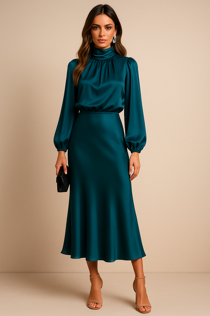 Comfortable Satin Mid Length Dress with Adjustable Shoulder Straps