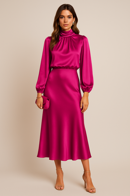 Comfortable Satin Mid Length Dress with Adjustable Shoulder Straps