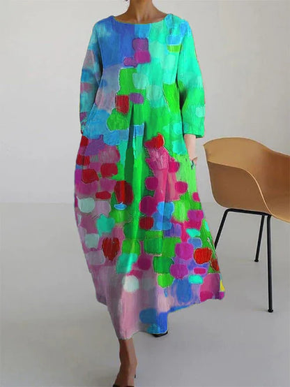 Women's Floral Print Maxi Dress with Long Sleeves and Pockets
