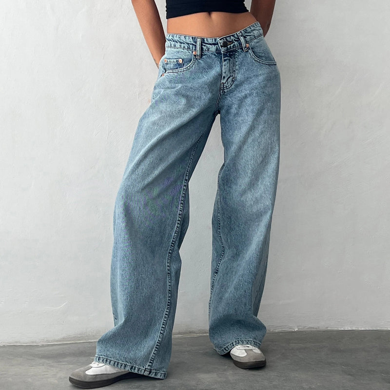 High-Waisted Loose Fit Washed Jeans - Nocini