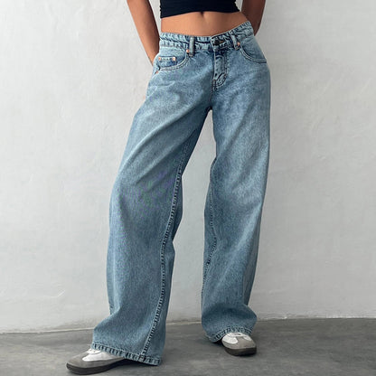 High-Waisted Loose Fit Washed Jeans - Nocini