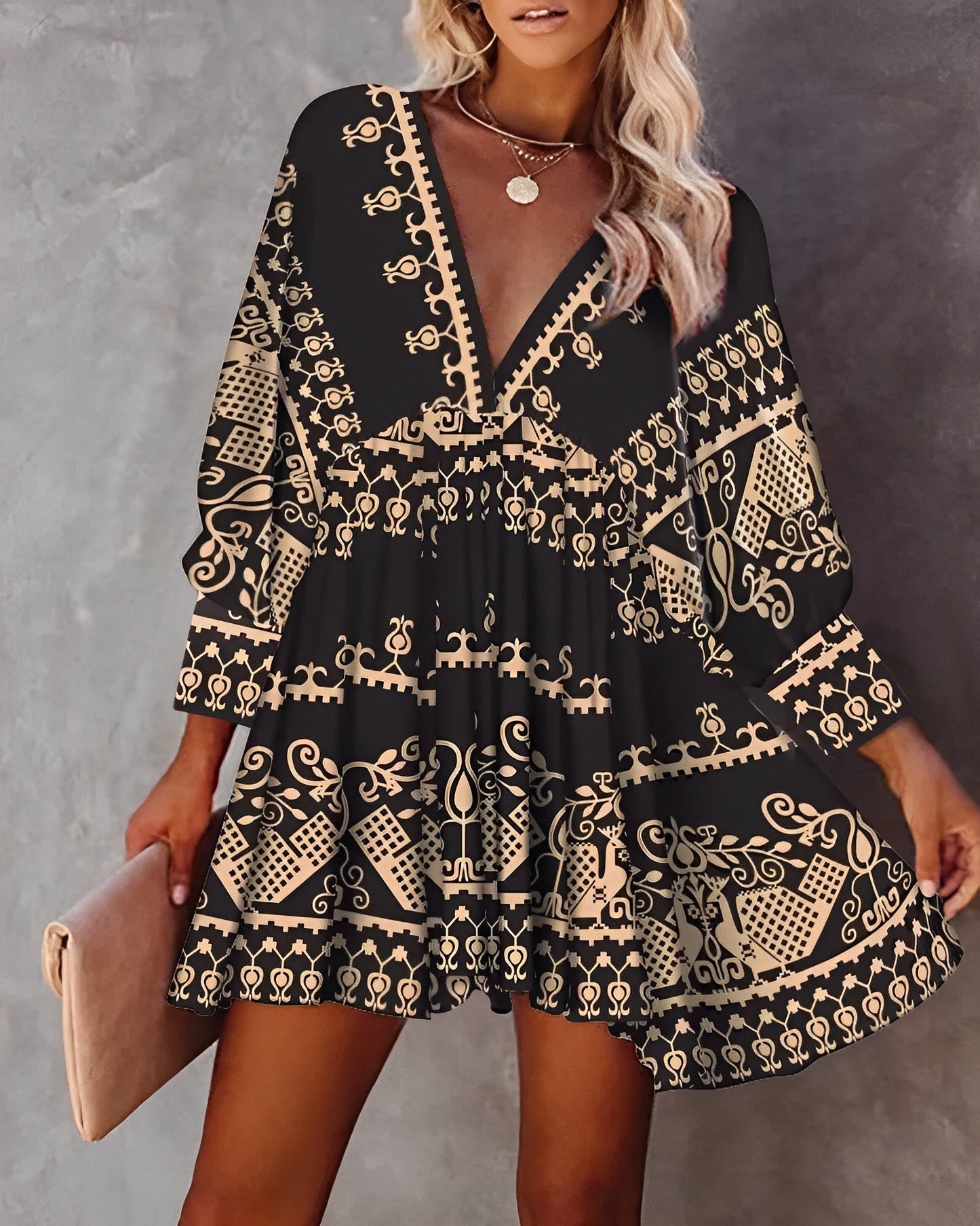 Chic V-Neck Mini Dress with Long Sleeves and Floral Print - Nocini