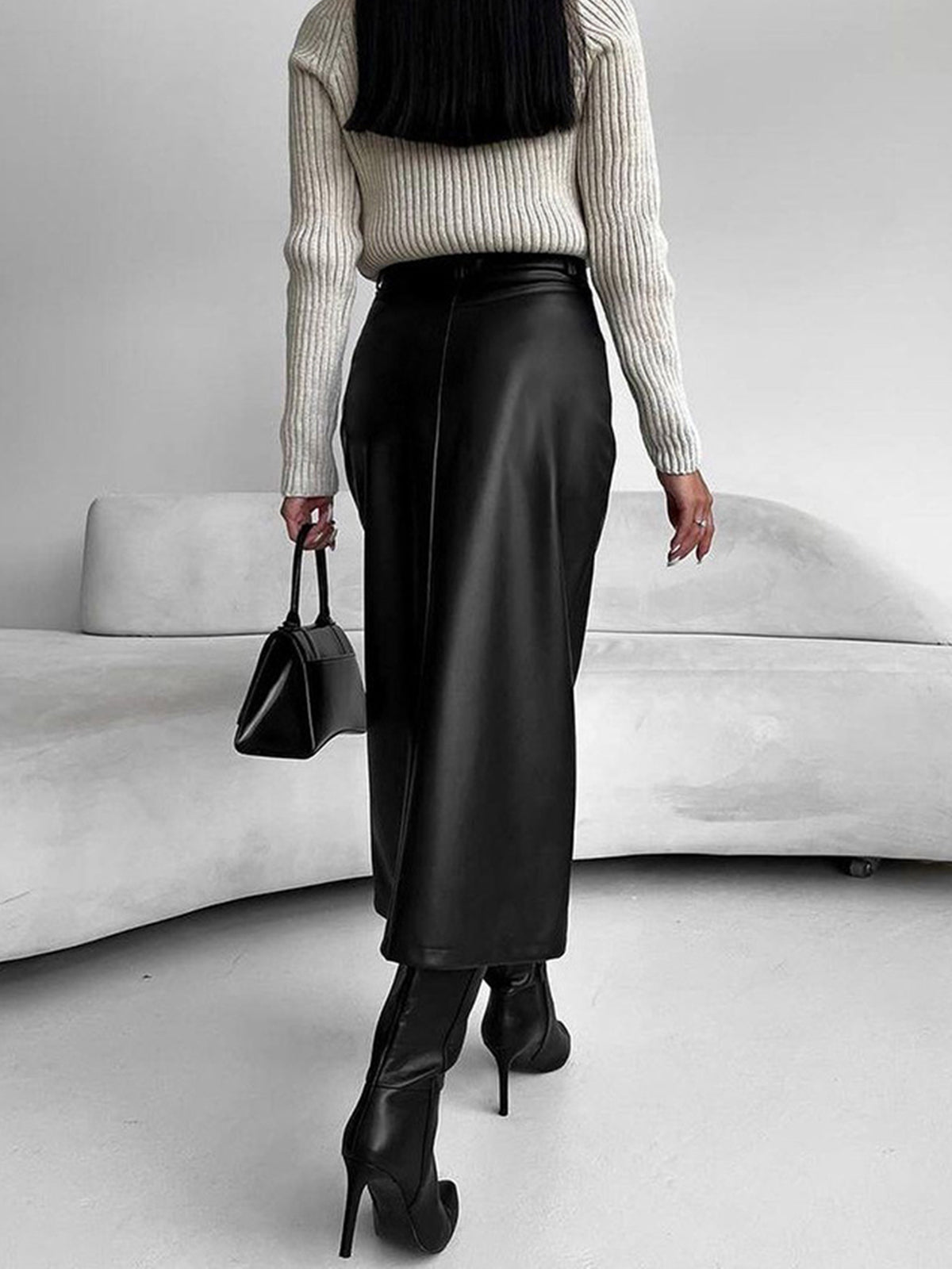 Elegant Mid Length Skirt with Slit and Waist Belt