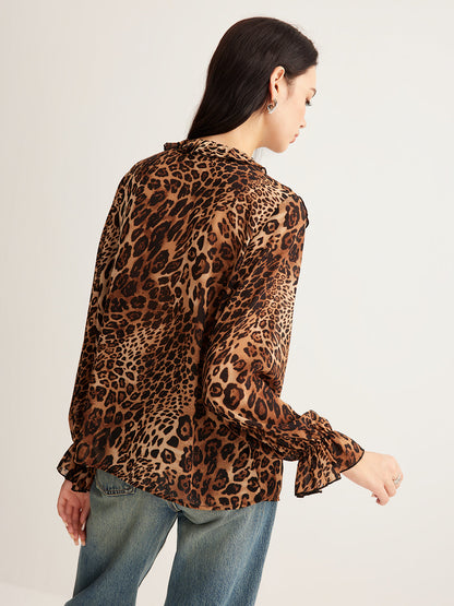 Feminine Animal Print Blouse with V Neck and Long Sleeves