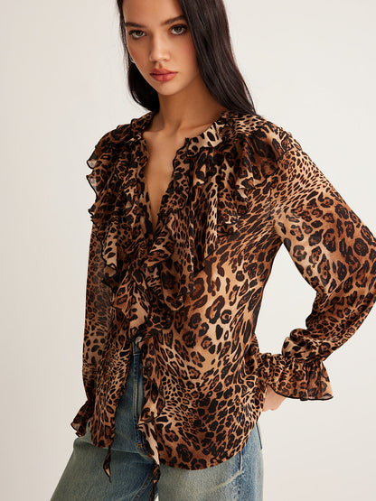 Feminine Animal Print Blouse with V Neck and Long Sleeves