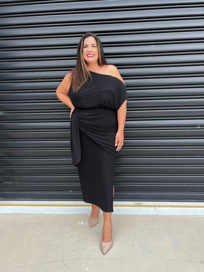 Elegant One Shoulder Midi Dress with Side Slit