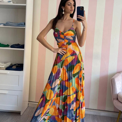 Flowy Summer Dress with Thin Straps and Flared Skirt - Nocini