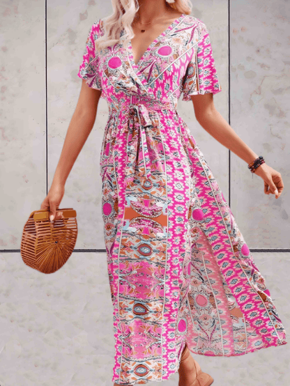 Flattering V-Neck Short Sleeve A-Line Dress