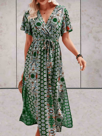 Flattering V-Neck Short Sleeve A-Line Dress
