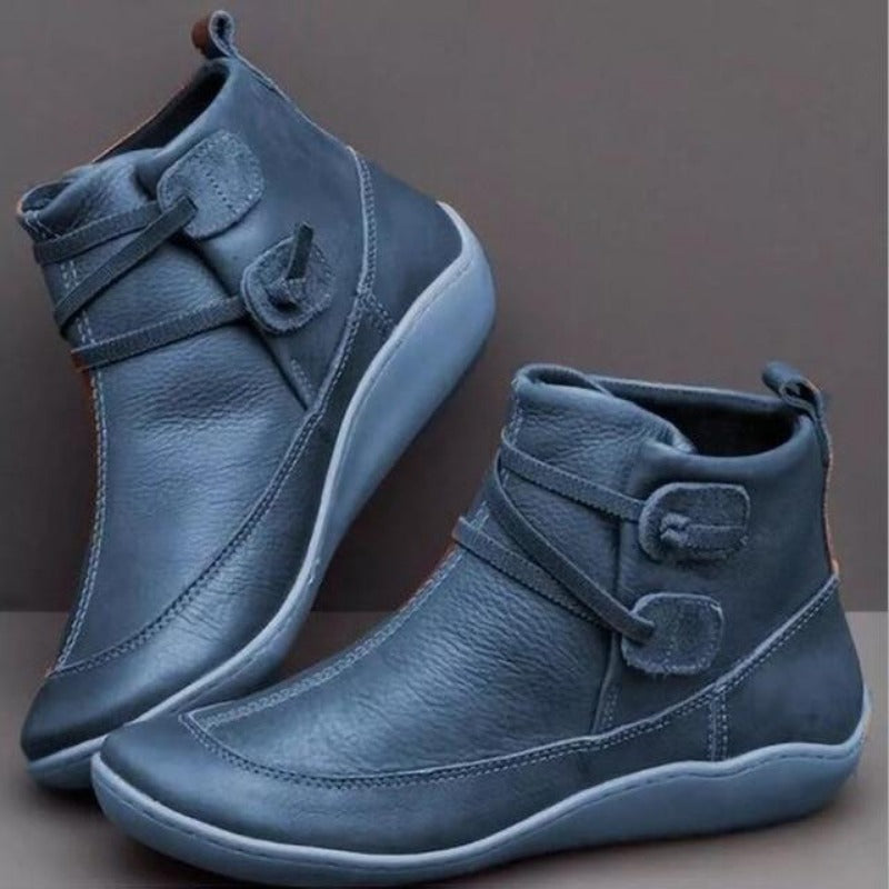 Ladies Low Heel Boots - Faux Leather - Round Toe