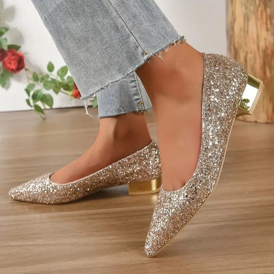 Sparkly Pointed Toe Low Heel Flat Shoes - Nocini