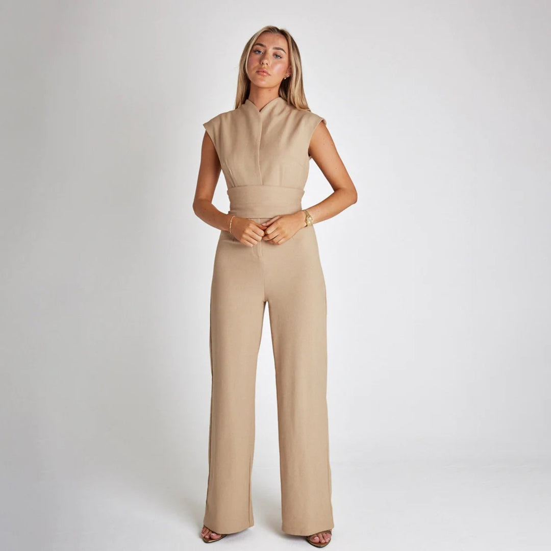 Women's Sleeveless V-Neck Jumpsuit with Belted Wide Legs
