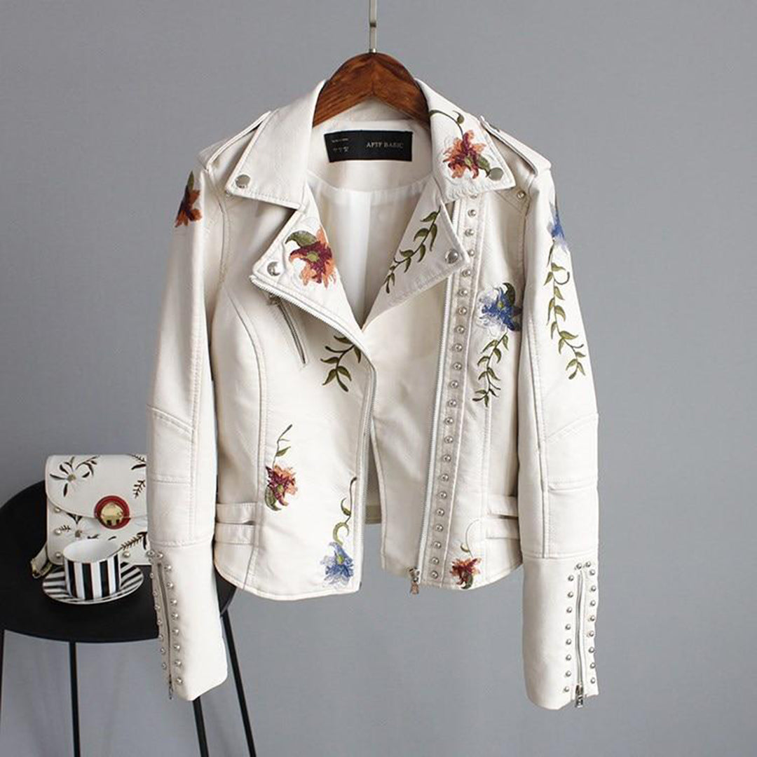 Fashionable Leather Motorcycle Jacket - Floral Design