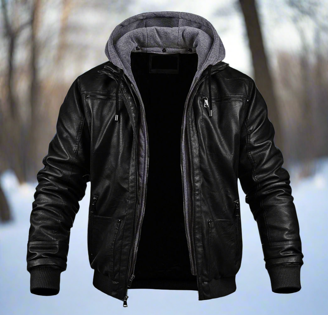 Synthetic Leather Hooded Bomber Coat - Nocini