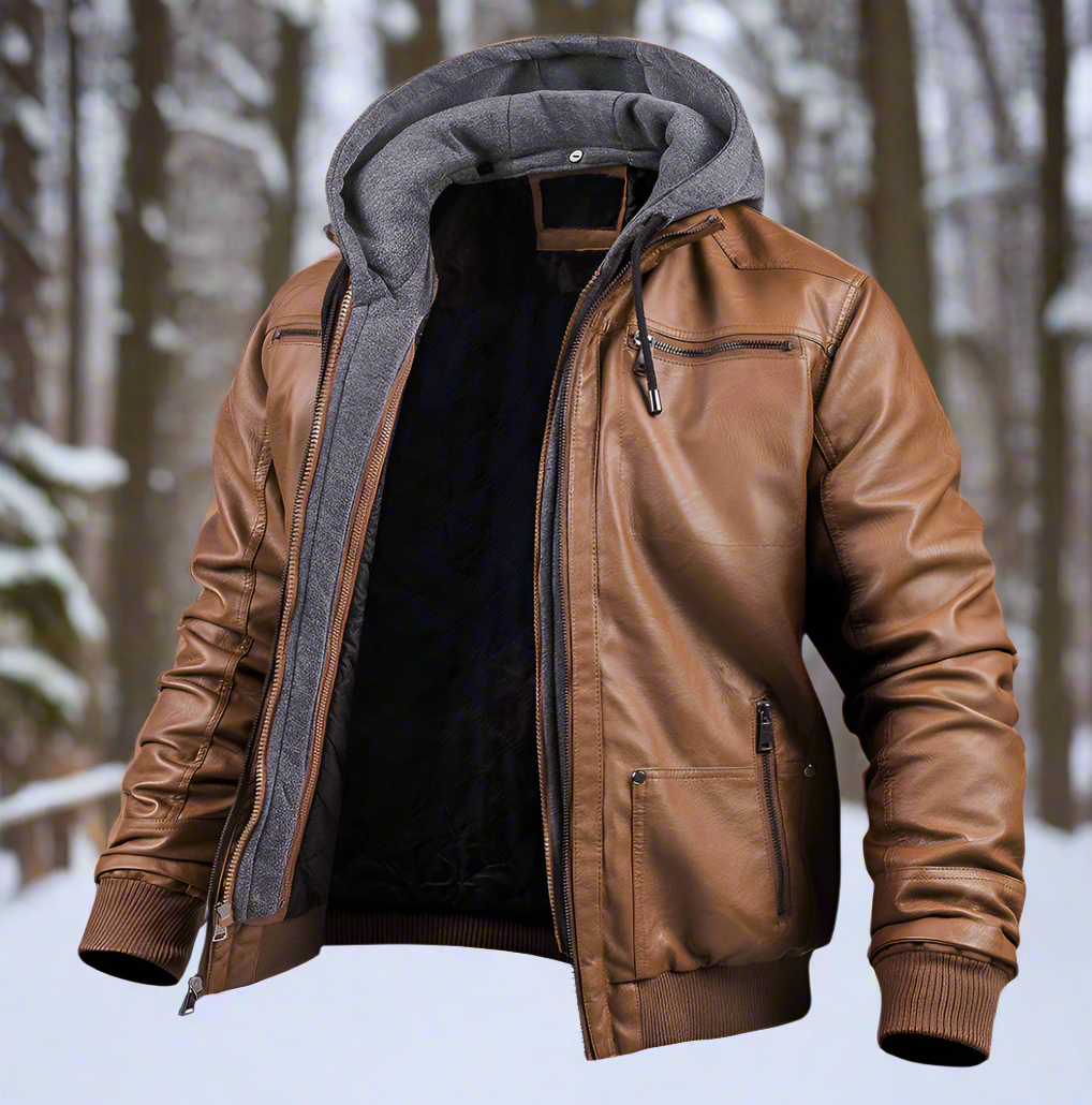Synthetic Leather Hooded Bomber Coat