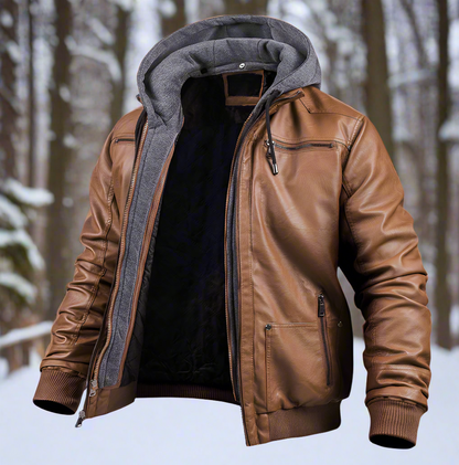 Synthetic Leather Hooded Bomber Coat