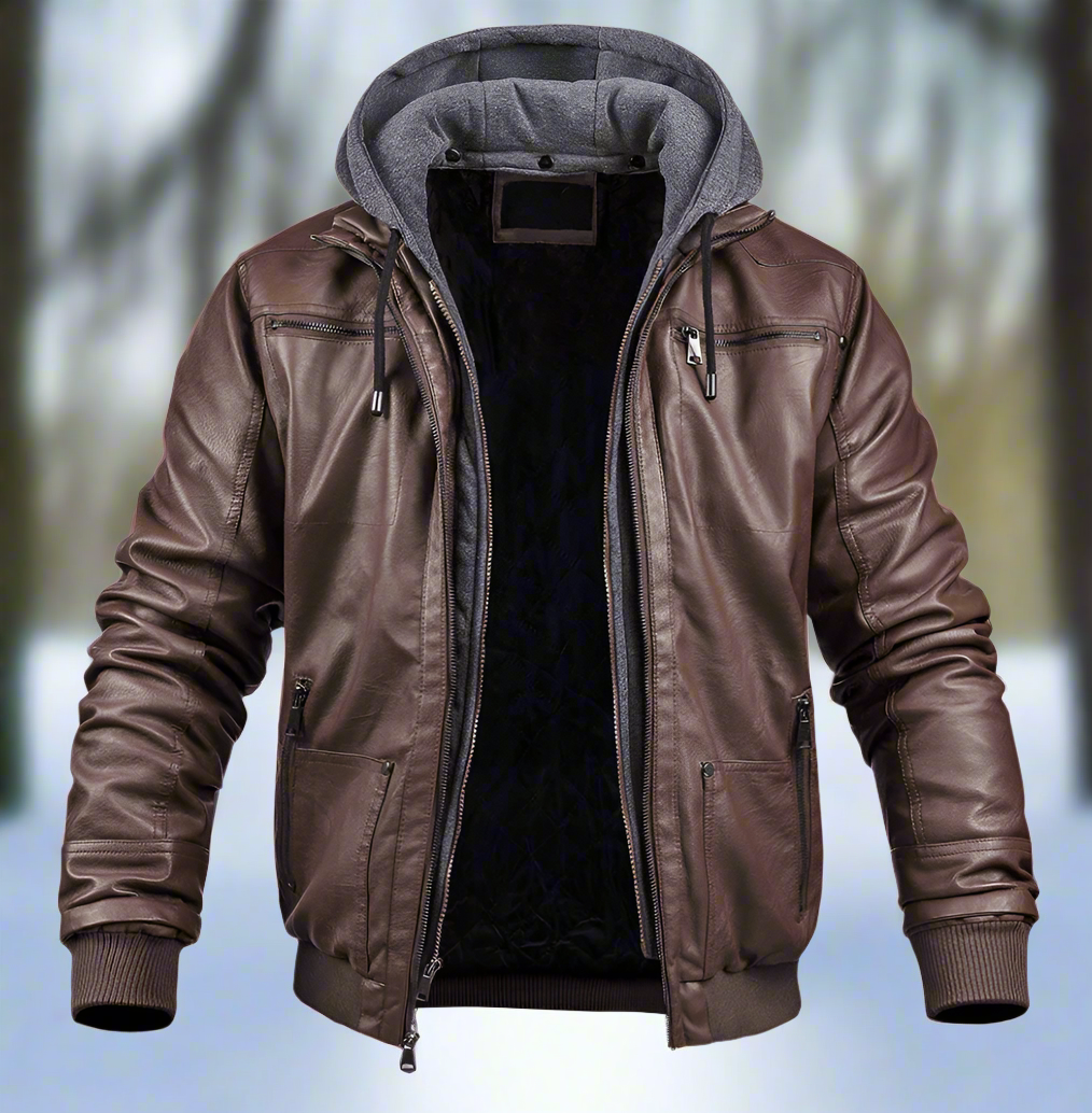 Synthetic Leather Hooded Bomber Coat
