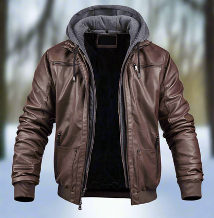 Synthetic Leather Hooded Bomber Coat