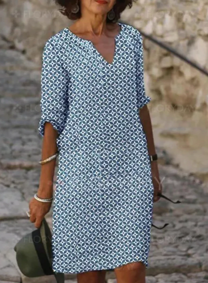 Casual V Neck Knee Length Dress with Geometric Print