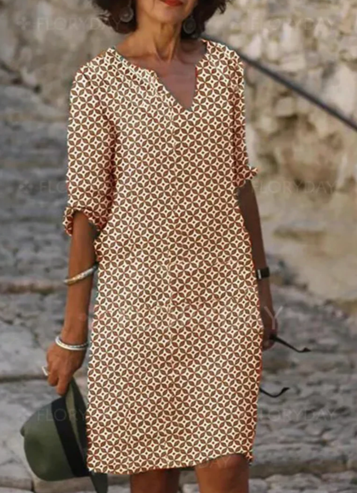 Casual V Neck Knee Length Dress with Geometric Print