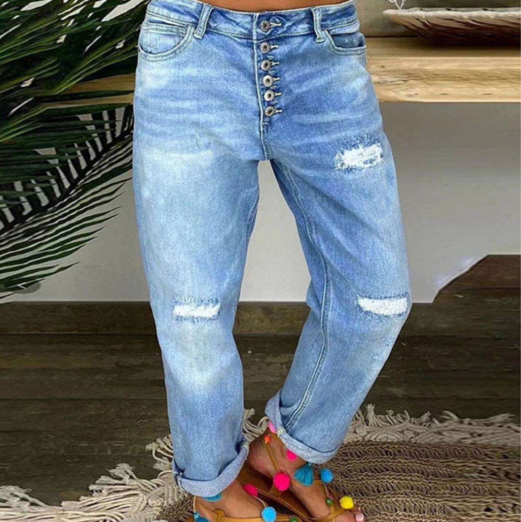 Women's High Waisted Distressed Relax Fit Jeans - Nocini