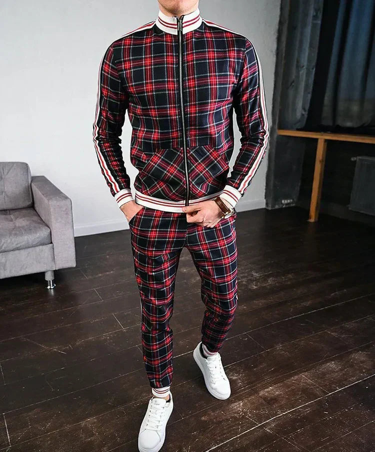 Stylish Plaid Zip Up Mens Tracksuit