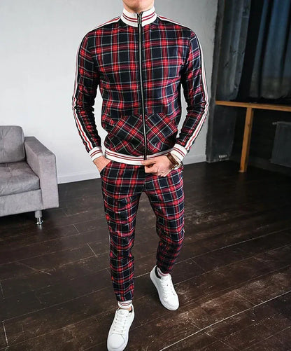 Stylish Plaid Zip Up Mens Tracksuit